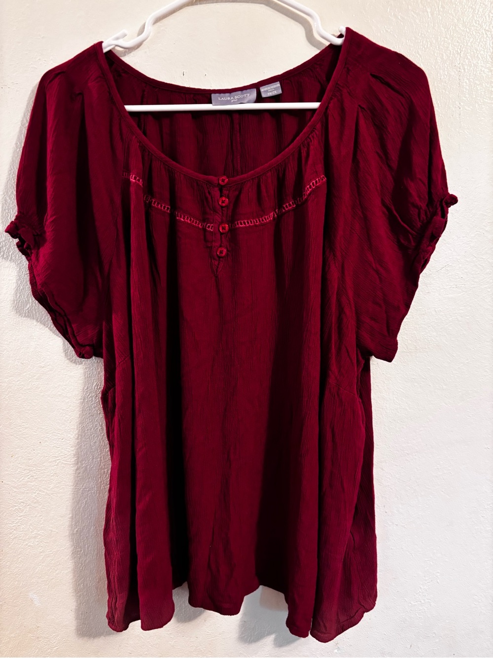 Laura Scott Burgundy Short Sleeve Button-Front Peasant Top